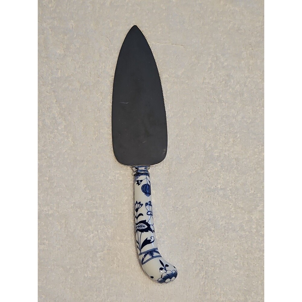 Vintage Prill Sheffield England Blue Onion Cake Pie Server Porcelain & Stainless